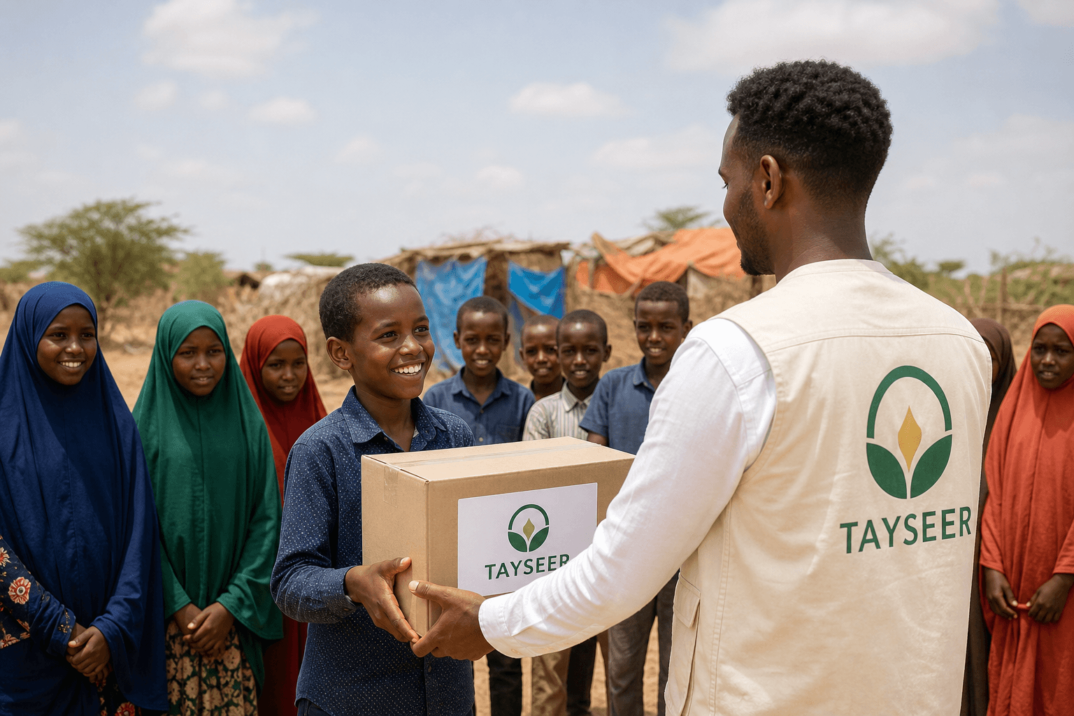 Tayseer staff member giving humanitarian aid to Somali children